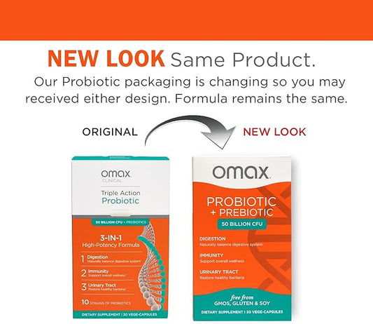 Omax Prebiotic & Probiotic 50 Billion CFU + Chicory Inulin, 10 Strains, Reduce Bloating, Digestion, SIBO, Leaky Gut, Vaginal pH, Acidophilus, Vegan, Dairy Free, Gluten Free, Blister Packaged
