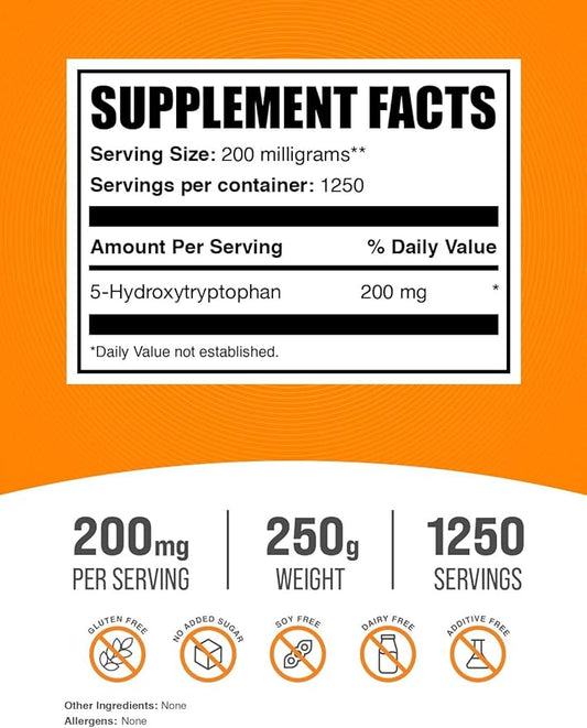 BulkSupplements.com 5-HTP Powder 5-Hydroxytryptophan, 5 5 HTP 5-HTP 200mg, 200mg, Mood 200mg per 250g (8.8 (8.8 oz) 1)