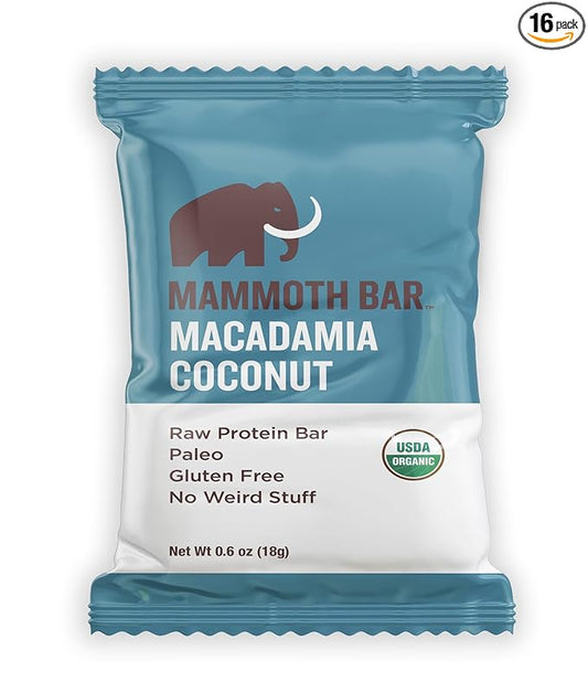 Mammoth Bar Macadamia Coconut Mini Bar - Mini Organic Snack Bar Packed with 4g Protein. Made with Premium Macadamia Nuts & Egg White Protein. Paleo • Gluten Free • GMO Free • Raw - 16 Mini Bars
