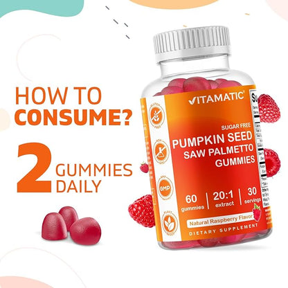 Vitamatic 2 Packs Sugar Free Pumpkin Seed Gummies - Made with Saw Palmetto - Natural Raspberry Flavor - 60 Count
