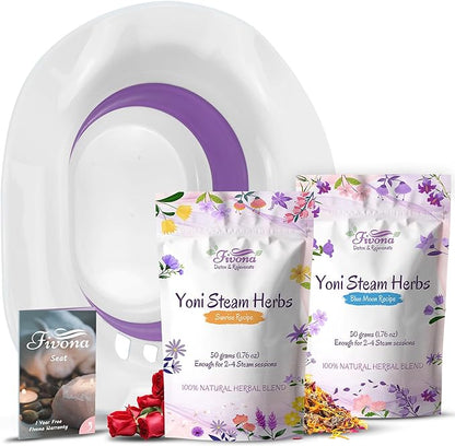 Fivona Yoni Steam Kit 3-in-1 Complete Set of Over The Toilet Foldable Steamer Seat and Hand Pump with 1 Pack of Blue Moon and 1 Pack of Sunrise Yoni Steaming Herbs
