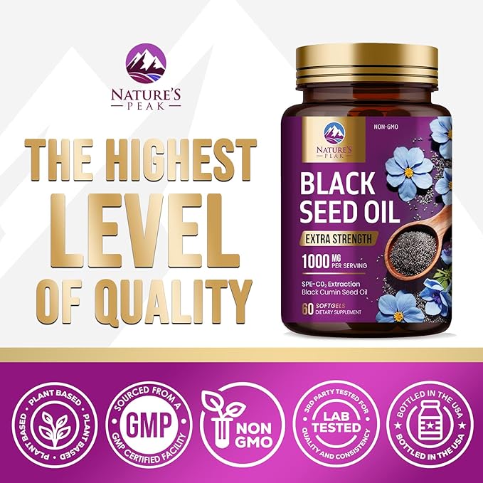 Black Seed Oil 1000mg - Premium Extra Strength Nigella Sativa Black Seed Oil - Black Cumin Seed Oil for Skin, Digestive Health & Immune Support - Non-GMO, Sugar Free & Bottled in USA - 60 Softgels