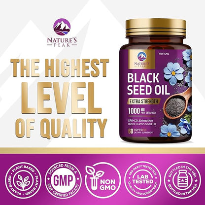 Black Seed Oil 1000mg - Premium Extra Strength Nigella Sativa Black Seed Oil - Black Cumin Seed Oil for Skin, Digestive Health & Immune Support - Non-GMO, Sugar Free & Bottled in USA - 60 Softgels