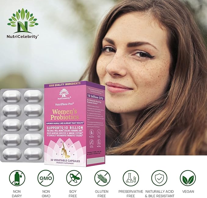 Nutricelebrity NutriFlora-Pro Probiotics for Women - Support Vaginal, Urinary Health, Immune System Digestive System Support, Cranberry Pills Supplement, 10 Billion CFU 6 Strains (30 Caps) - 2 Pack