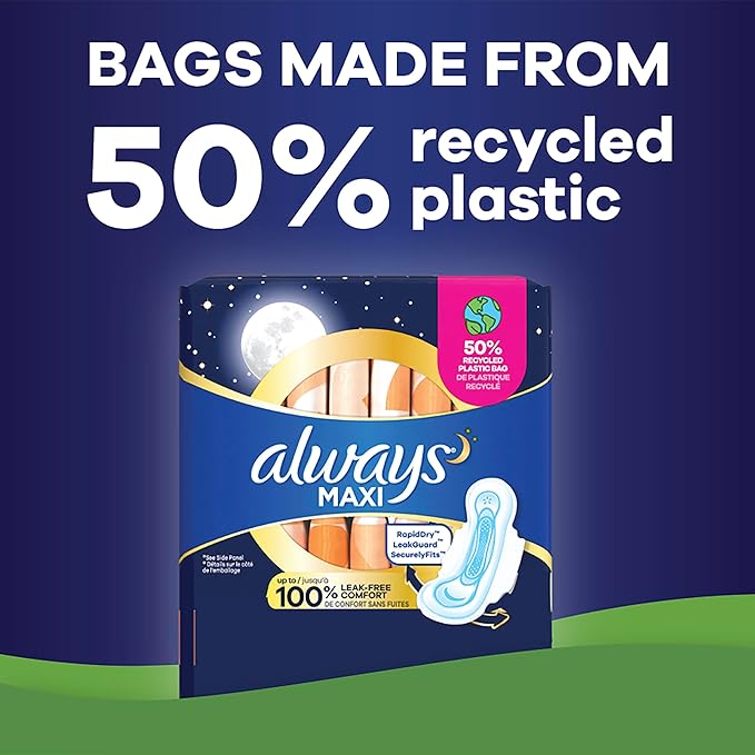 Always Maxi Overnight Pads with Wings, 4, Overnight, 33 CT