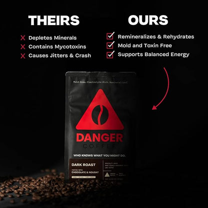 Danger Coffee by Dave Asprey, Remineralized, Mold Free & Lab Tested Ground Coffee, Dark Roast Roast, 10.9 Ounce