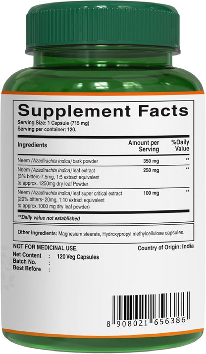 Pure Nutrition Neem Capsules 700mg. (Equivalent 2600mg Neem 120 Days