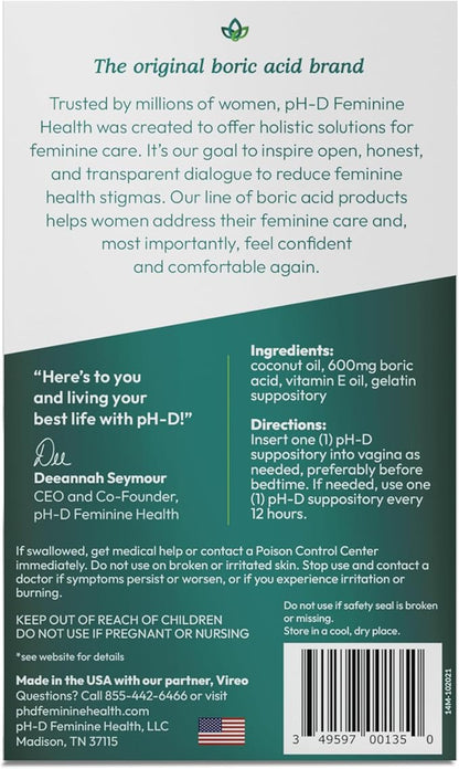 pH-D Feminine Health Support - Boric Acid Moisturizing Suppository - Woman Owned - for Vaginal Odor - Paraben-Free and Cruelty-Free - 14 Count