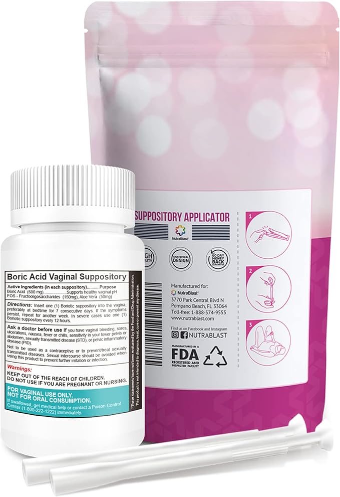 NutraBlast Boric Acid Vaginal Suppositories 800mg Complex Bundle with Vaginal Applicator, 30 Suppositories & 15 Applicators - FOS Prebiotic & Aloe Vera - Intimate Balance, Feminine Care - Made in USA