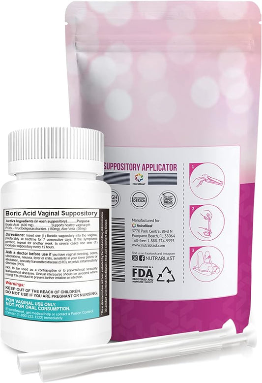 NutraBlast Boric Acid Vaginal Suppositories 800mg Complex Bundle with Vaginal Applicator, 30 Suppositories & 15 Applicators - FOS Prebiotic & Aloe Vera - Intimate Balance, Feminine Care - Made in USA