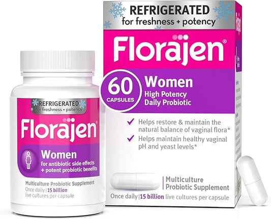Florajen Women's Vaginal Probiotics, Provides Gut Health & Constipation Relief For Adults And Bloating Relief For Women, 60 Capsules (2 Packs of 30) (Refrigerated)