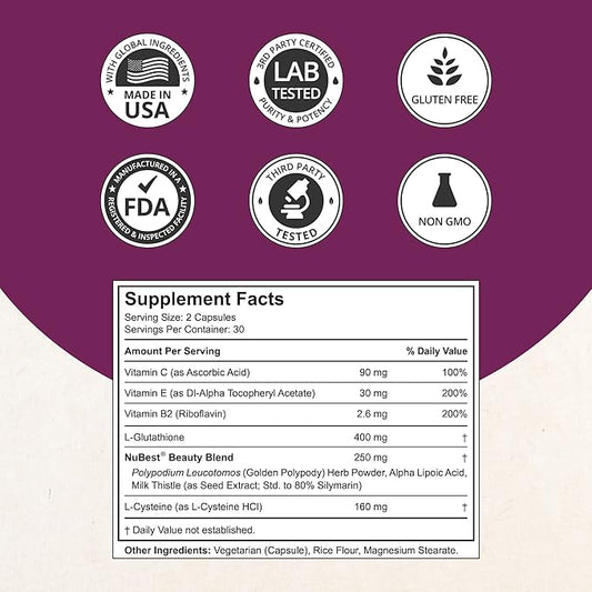 NuBest White - Glutathione 400mg & Milk Thistle Extract - Skin Brightening Supplement - Helps Beautiful and Radiant Skin - Antioxidant Supplement & Detoxification - 6 Pack | 6 Months Supply