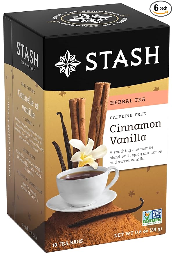 Stash Tea Cinnamon Vanilla Herbal Tea - Naturally Caffeine Free, Non-GMO Project Verified Premium Tea with No Artificial Ingredients, 18 Count (Pack of 6) - 108 Bags Total