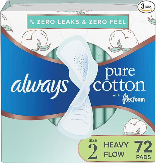 Pure Cotton, Feminine Pads for Women, 2 Heavy 24 Count 3 Packs (72 Count