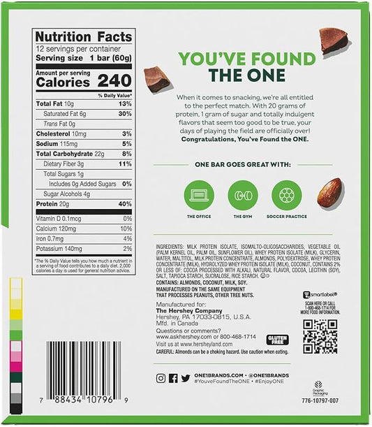 ONE Protein Bars, Almond Bliss, Gluten Free with 20g Protein and 1g Sugar, Pantry Staples, 2.12 oz (12 Pack), Packaging May Vary