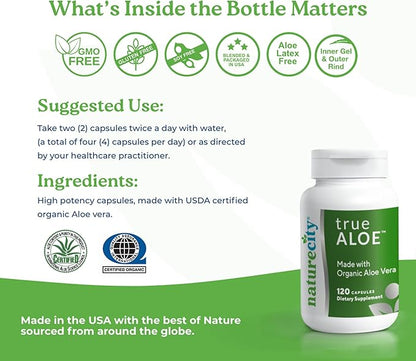 NatureCity True-Aloe 80,000mg Aloe Vera Gel Equivalent Per Serving – Made with Organic Aloe Vera (120 Capsules) Digestive, Skin and Joint Support | Small Easy-to-Swallow Pills