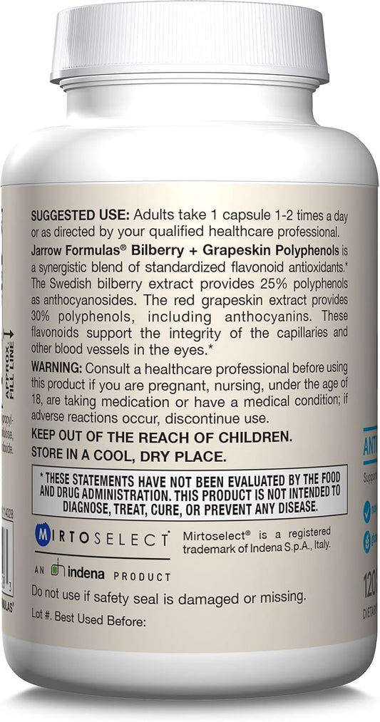 Jarrow Formulas Bilberry + Grapeskin Polyphenols, 60 Veggie 30 Day