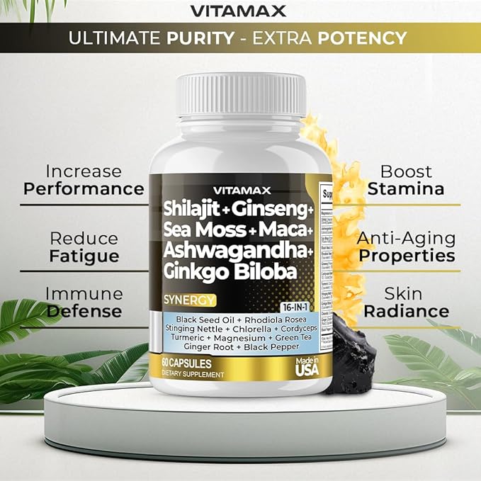 Pure Himalayan Shilajit Supplement 10,000mg Ashwagandha 6,000mg Sea 2,000mg Rhodiola 1000MG Gingko 500mg Trace (60 Count 1))