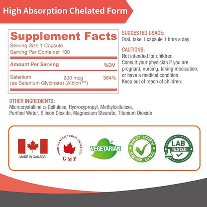 Lovita Selenium 200 mcg, Glycinate Chelated Form for High Absorption, Yeast Free, Immune & Thyroid Health Support 100 Vegan Capsules (Pack of 3)
