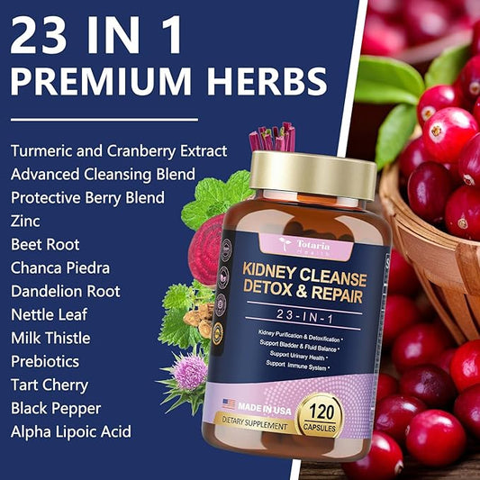 Kidney Cleanse Detox & Repair Capsules 120 Counts, 23 IN 1 Kidney
