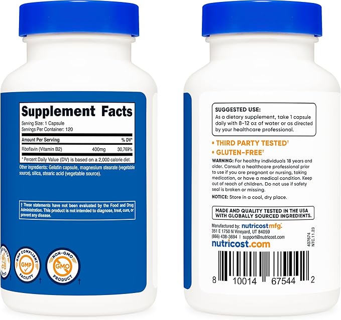 Nutricost Vitamin B2 (Riboflavin) 400mg, 120 (2 Bottles)