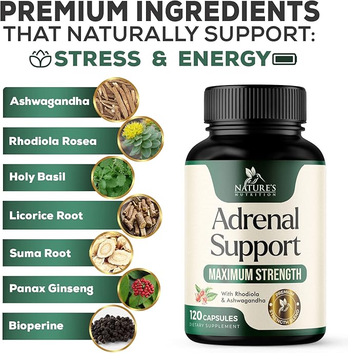 Adrenal Support Supplements & Cortisol Manager 10 Herbs 120 Capsules