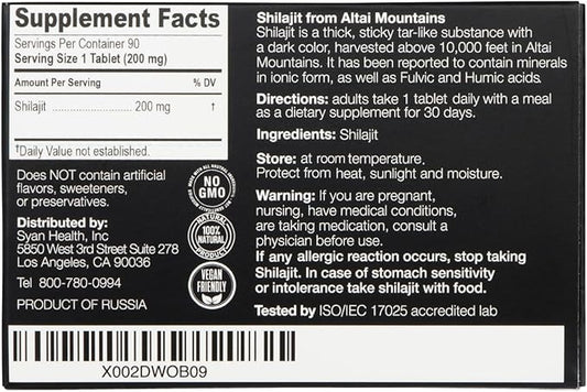 Sayan Shilajit Pure Organic Black Resin (120 Tablets, 2 Month