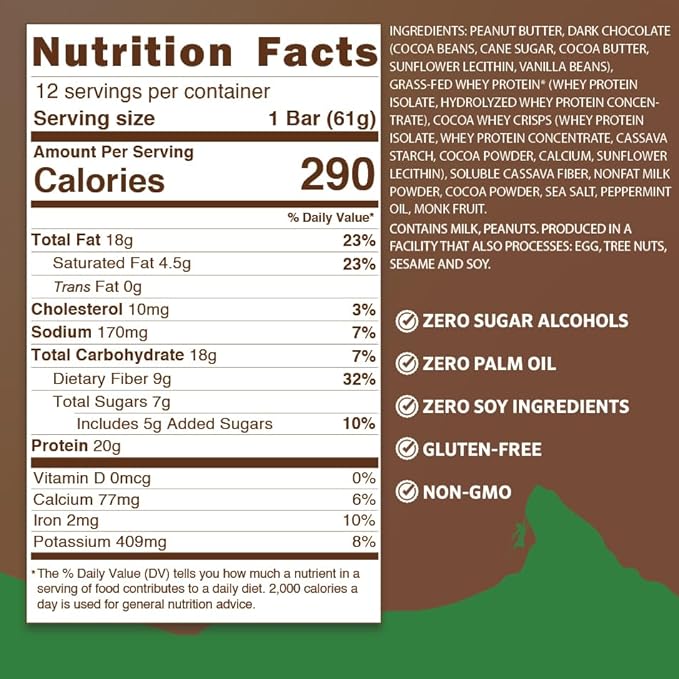 PEAK PROTEIN BARS - Dark Chocolate Mint - Natural - Grass-Fed Whey - 20G Protein - Non-GMO - Gluten Free - Real Dark Chocolate (12 Pack)