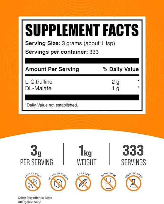 BulkSupplements.com L-Citrulline Malate 2:1 Powder - L Citrulline Malate Supplement, Citrulline Malate Powder - Unflavored & Gluten Free - 3g per Servings, 1kg (2.2 lbs) (Pack of 1)