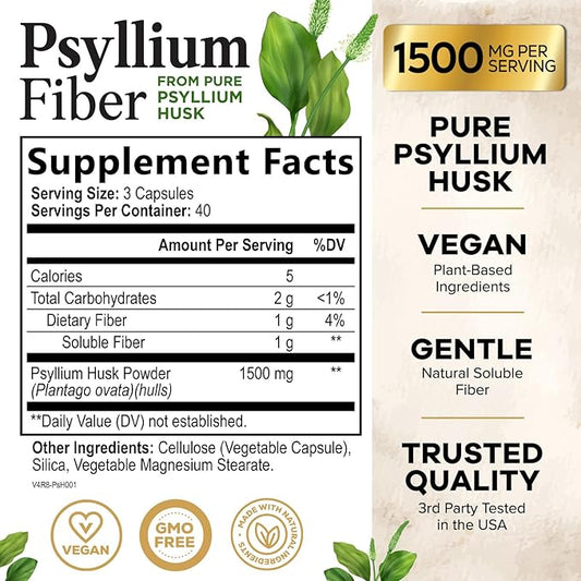 Psyllium Husk Capsules 1500mg, Natural Soluble 120 Capsules