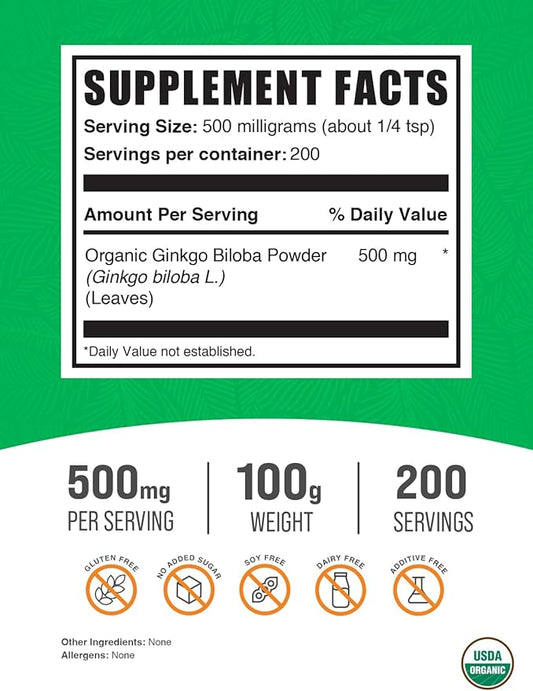 BulkSupplements.com Organic Ginkgo Biloba Powder 500mg per 100g (3.5 (3.5 oz) 1)