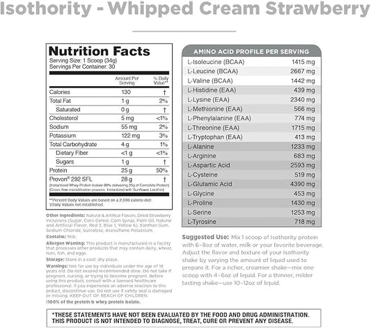 Isothority Whey Protein Isolate, Whipped Cream Strawberry, 2 lb - Ultra Absorbable Branched Chain Amino Acids (BCAA) Powder with 25g Per Serving, Low Carb - Build Muscle & Accelerate Recovery