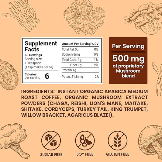 Mushroom Coffee Organic (60 Servings) 10 Mushrooms (Lion’s Mane, Cordyceps, Turkey Tail & Other) Mixed With Gourmet Arabica Instant Immune Boosting Coffee for Focus & Gut Health Support