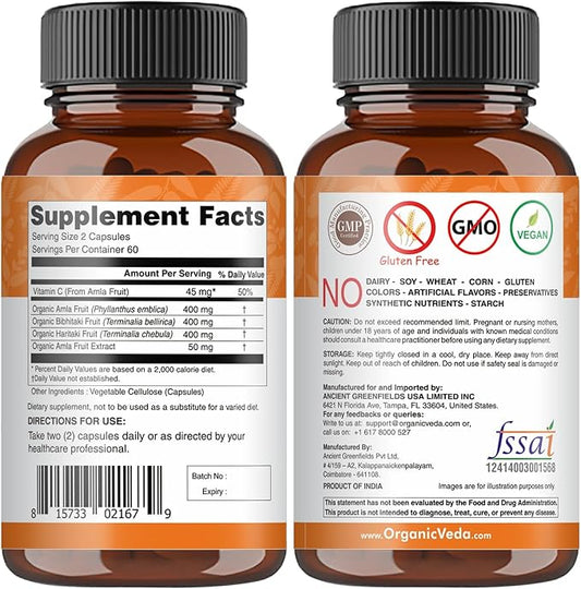 Organic Veda Triphala Capsules with Natural 120 Count