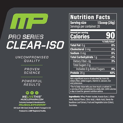 MusclePharm Pro Series Clear-ISO, Clear Protein Powder, 20g Fast-Acting Whey Isolate per Serving Plus BCAAs & L Glutamine | Pro-Grade Muscle Recovery & Growth | Sour Peach Rings, 1.14 lb, 20 Servings