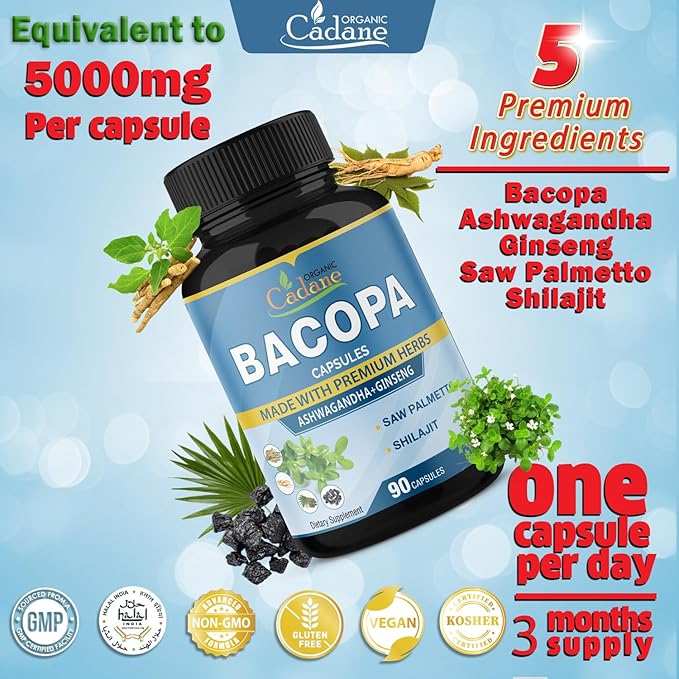 Organic Cadane 5000mg Bacopa Monnieri Supplement 90 Capsules 3 Month