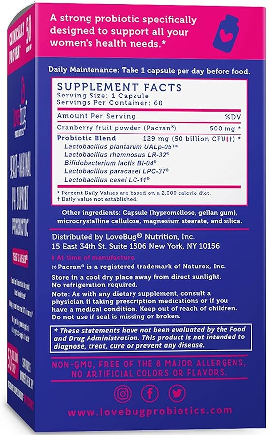 Lovebug Yeast + Vaginal pH Support | Clinically Studied Ingredients for Yeast & UTIs | Multi Strain 50 Billion CFU | 60 Capsules