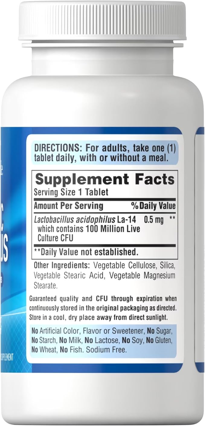 Puritans Pride Probiotic Acidophilus Tablets, White, 100 Count