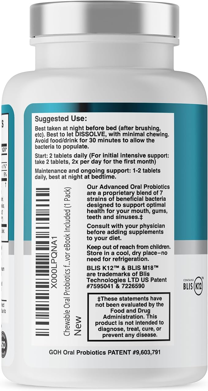 Oral Probiotics for Mouth Bad Breath Treatment for Adults: Dentist Formulated BLIS K12 M18 Advanced Oral Probiotics for Teeth and Gums, 60 Chewable Oral Health Probiotics Supplement Tablets (Mint 2pk)