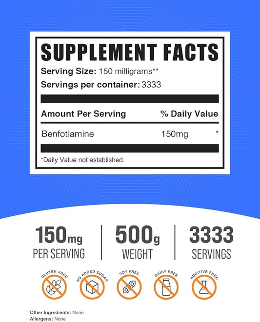 BulkSupplements.com Benfotiamine Powder B1 Supplement, 150mg, Gluten 150mg per 500g (1.1 (1.1 lbs) 1)