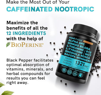 12-in-1 Nootropic Brain Supplement with Caffeine B12, Alpha 1321mg (60ct) (60ct)