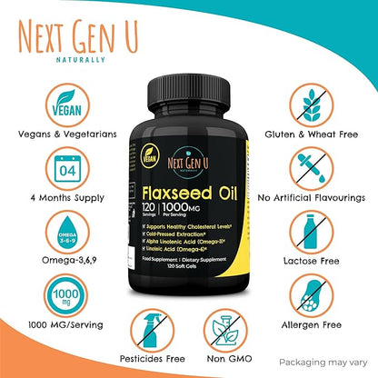 Next Gen U Flaxseed Oil w/Omega 3, 6, 6, 9, 9, Cold 1000 mg 120 Vegan