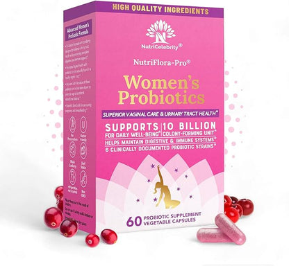Nutricelebrity NutriFlora-Pro Probiotics for Women - Support Vaginal, Urinary Health (UTI), Digestive System, Period Pain, Yeast, and BV Relief, Cranberry Pills, 10 Billion CFU 6 Strains (60 Caps)