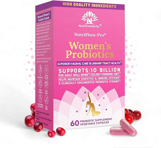 Nutricelebrity NutriFlora-Pro Probiotics for Women - Support Vaginal, Urinary Health (UTI), Digestive System, Period Pain, Yeast, and BV Relief, Cranberry Pills, 10 Billion CFU 6 Strains (60 Caps)