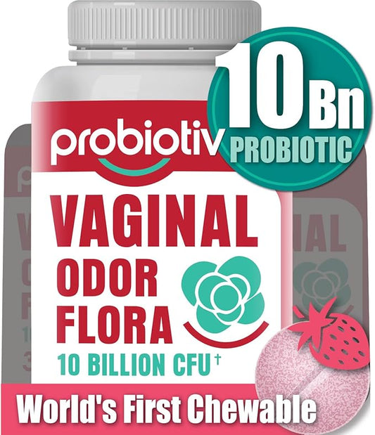 Chewable Vaginal Probiotics for Women 10 Billion CFU + Organic Prebiotics, Improves Vaginal Health, Combats Vaginal Odor & Restores Vaginal pH Balance for Women, 30 Strawberry Tablets