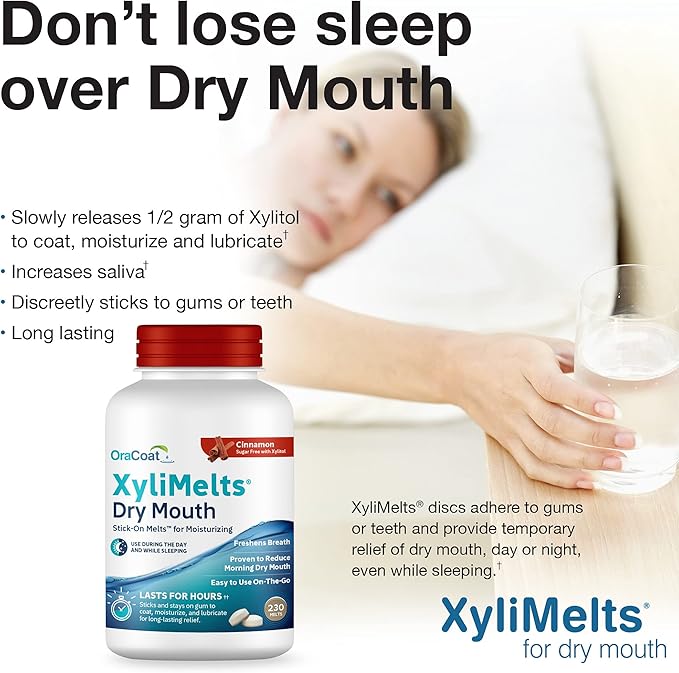OraCoat XyliMelts Dry Mouth Relief Moisturizing Stick-On-Melts with Xylitol, 230 Count, Cinnamon, Helps Stimulate Saliva for Dry Mouth, Non-Acidic, Day & Night Use, Time Release for Up to 8-Hour