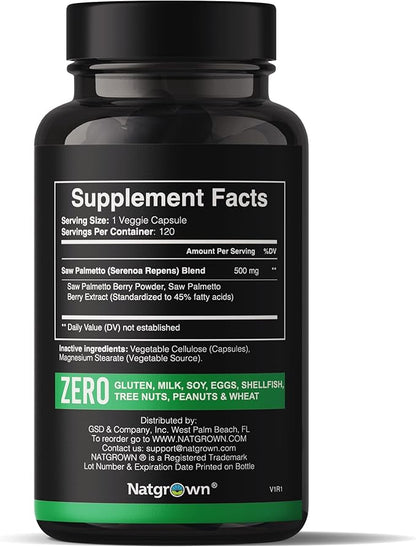 Natgrown Saw Palmetto Prostate Supplement for Men - DHT Blocker for Hair Growth and Decrease Frequent Urination - Vegan Capsules (120 Ct)