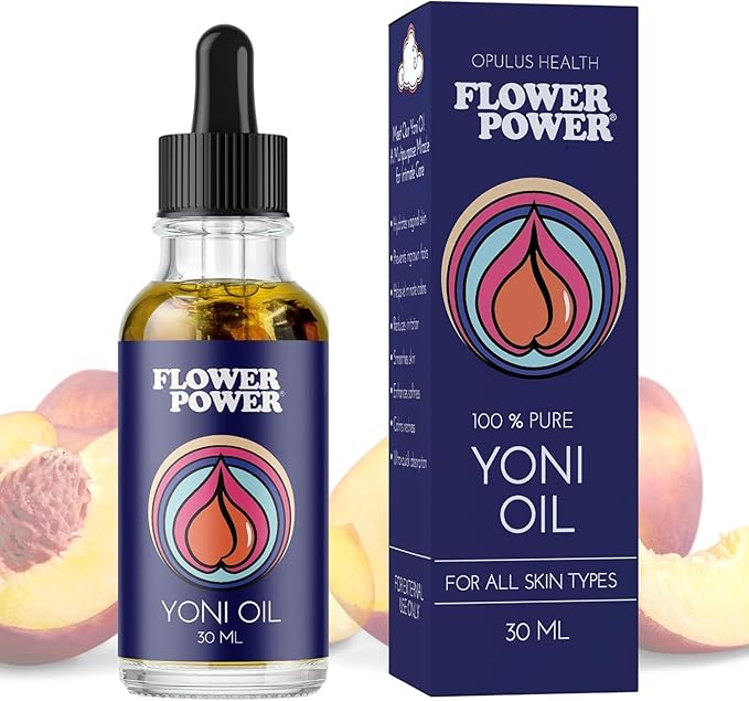 Flower Power Yoni Oil Vaginal Moisturizer, Nourishing Feminine Care for Vaginal Dryness, Odor Relief & Irritation, Blend of Jojoba, Peach Blossom & Sweet Almond Oil for Hydration, Vegan - 30 ml