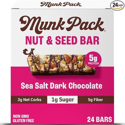 Munk Pack Keto Snack Bars, Sea Salt Dark Chocolate - Low Carb Nut Bar with 5g Protein, 1g Sugar with Allulose - Gluten Free & Low Glycemic - 24 Count