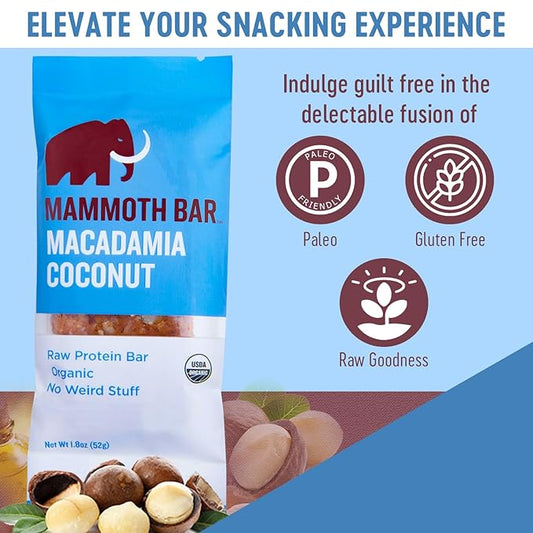 Mammoth Bar Macadamia Coconut Bar - Organic Snack Bar Packed with 10g Protein. Made with Premium Macadamia Nuts & Egg White Protein. Paleo • Gluten Free • GMO Free • Raw